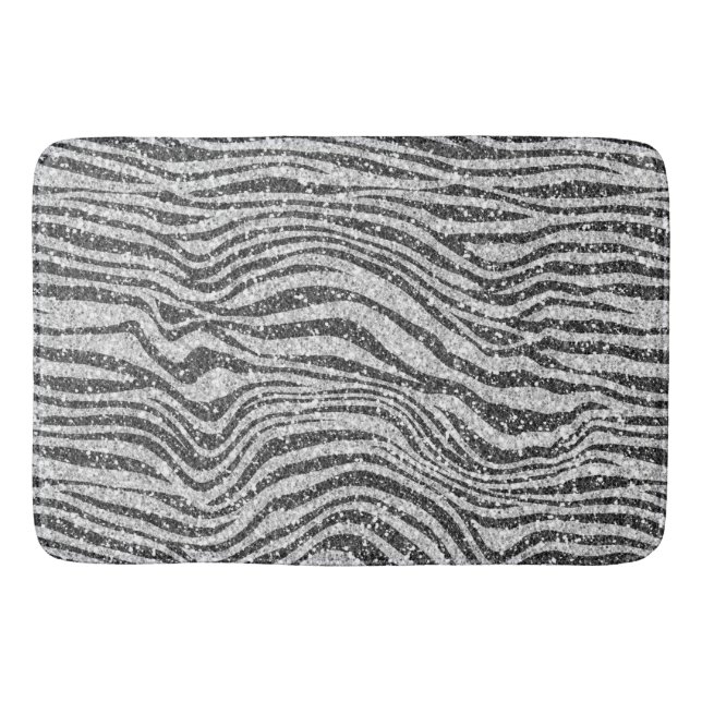 Silver Black Glitzy Zebra Print Glitter      Bath Mat (Front)