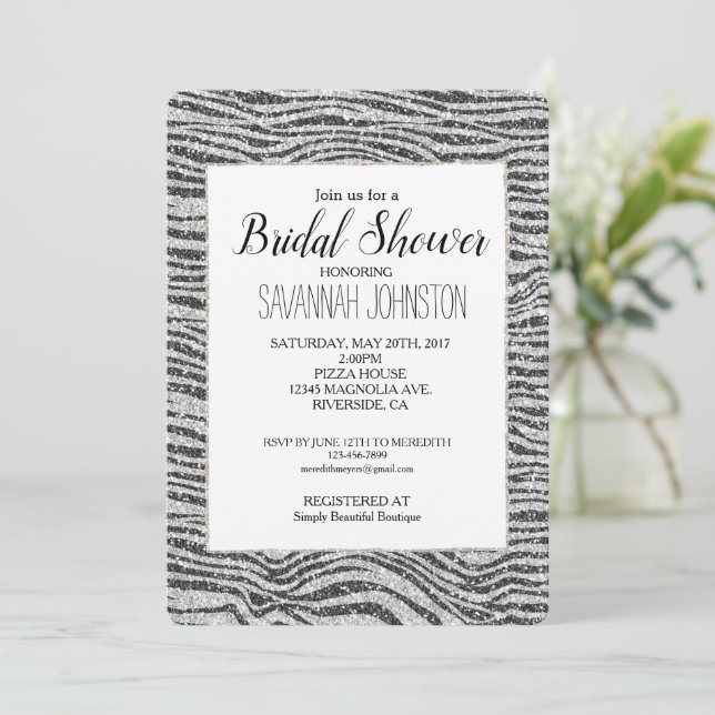 Silver Black Glitzy Zebra Print Glitter Invitation (Standing Front)