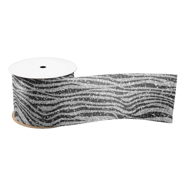 Silver Black Glitzy Zebra Print Glitter       Satin Ribbon (Spool)