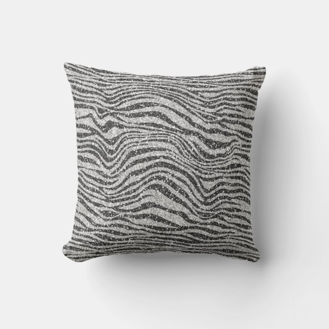 Silver Black Glitzy Zebra Print Glitter           Throw Pillow (Front)