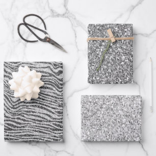 Silver Black Glitzy Zebra Print Glitter Wrapping Paper Sheets