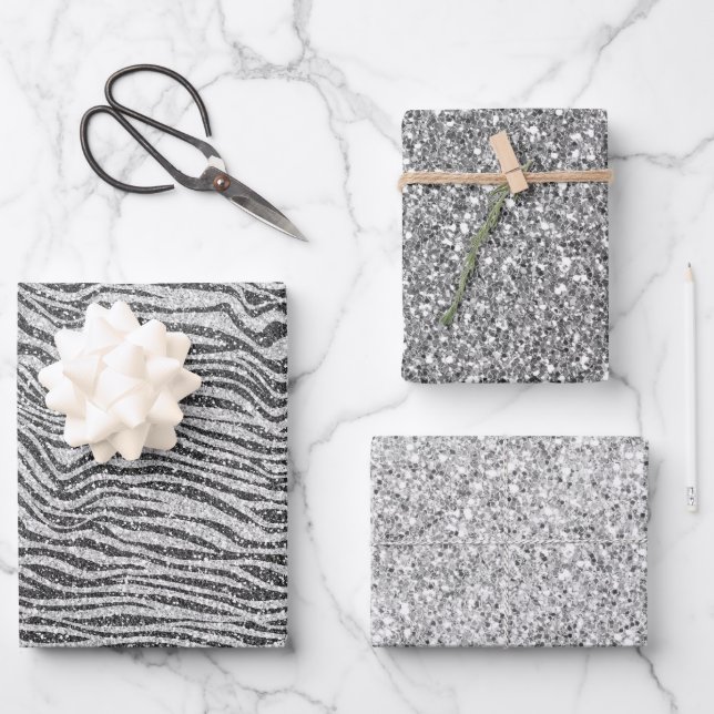 Silver Black Glitzy Zebra Print Glitter        Wrapping Paper Sheets (Front)