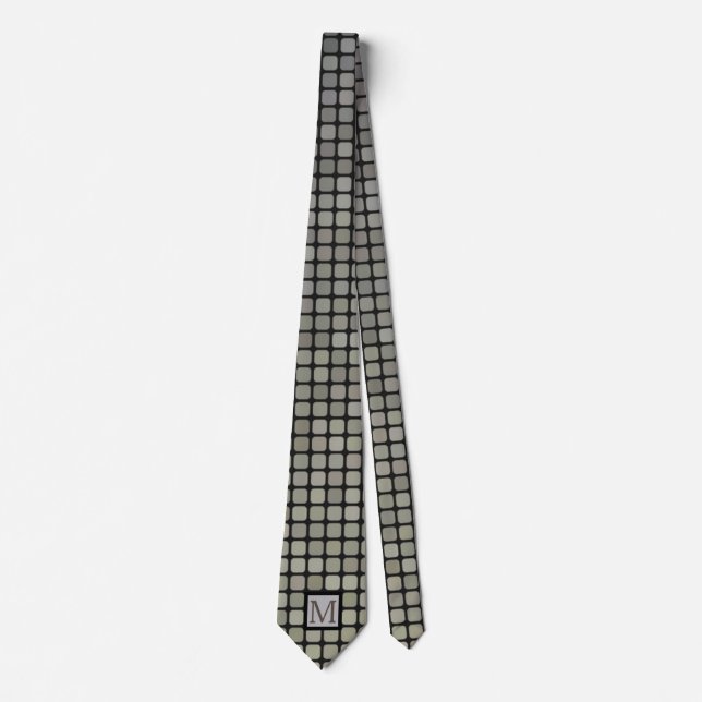 Silver Black & Gray Squares Monogram Neck Tie (Front)
