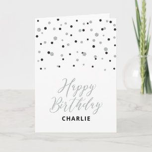Silver & Black Happy Birthday Custom Name Greeting Card