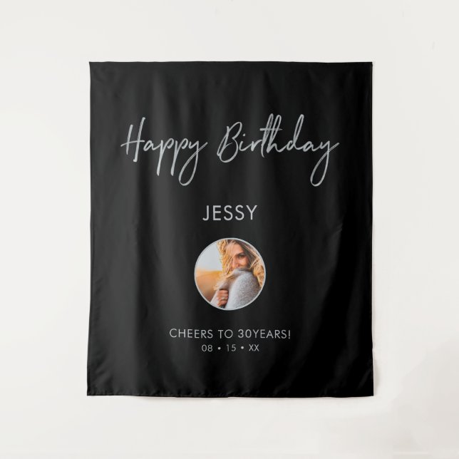 Silver & Black Happy Birthday Photo Party Backdrop (Front)