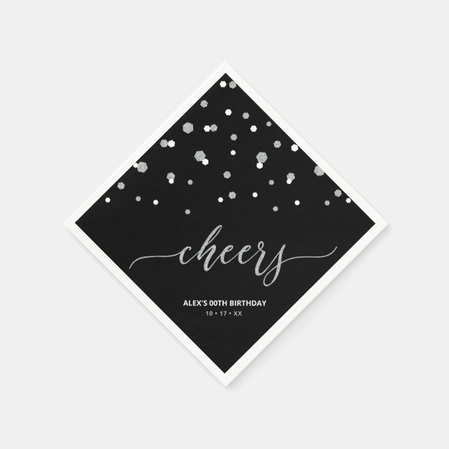 Silver Black Hexagon Confetti Cheers Custom Party Napkins (Corner)