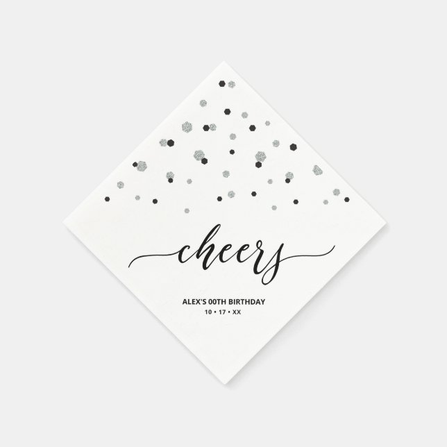 Silver Black Hexagon Confetti Cheers Custom Party Napkins (Corner)