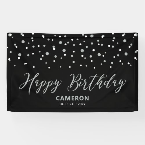 Silver  Black Hexagon Confetti Happy Birthday Ban Banner