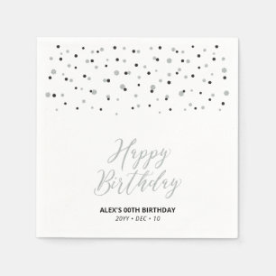 Silver & Black Hexagon Confetti Happy Birthday Napkins