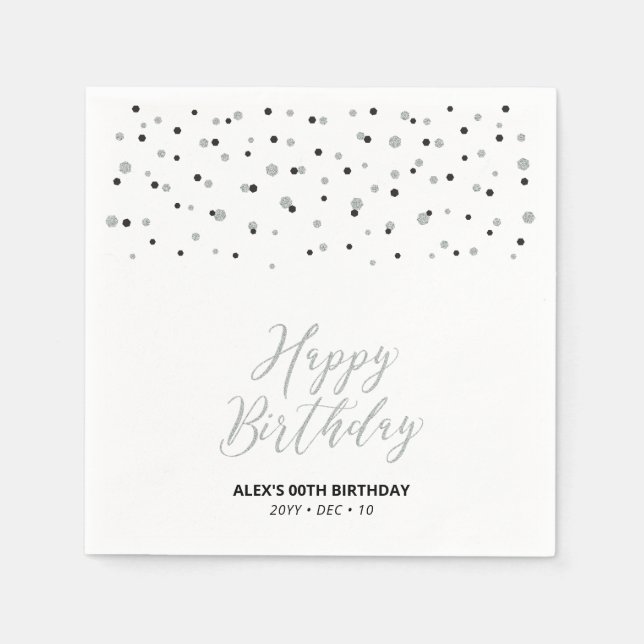 Silver & Black Hexagon Confetti Happy Birthday Napkins (Front)