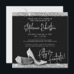 Silver Black High Heel Modern 50th Birthday Square Invitation<br><div class="desc">Modern High Heel Shoes Theme "50 and Fantastic" 50th Birthday Party Square Invitation in Elegant and Glam Silver and Black Glitter with Trendy Script Font paired with classic serif block text for the party details. Features a pair of faux glitter effect stiletto pumps resting on a sparkly shiny floor with...</div>