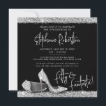 Silver Black High Heel Modern 50th Birthday Square Invitation<br><div class="desc">Modern High Heel Shoes Theme "50 and Fantastic" 50th Birthday Party Square Invitation in Elegant and Glam Silver and Black Glitter with Trendy Script Font paired with classic serif block text for the party details. Features a pair of faux glitter effect stiletto pumps resting on a sparkly shiny floor with...</div>