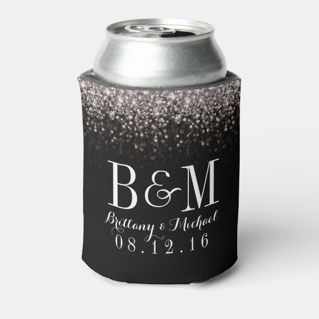 Silver Black Hollywood Glitz Glam Wedding Can Cooler (Can Back)