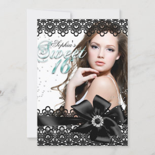 Silver Black Jade Lace Photo Sweet 16 Invite