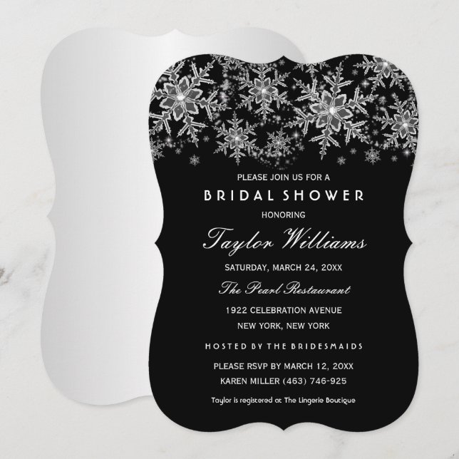 Silver Black Jewel Silver Snowflake Bridal Shower Invitation (Front/Back)