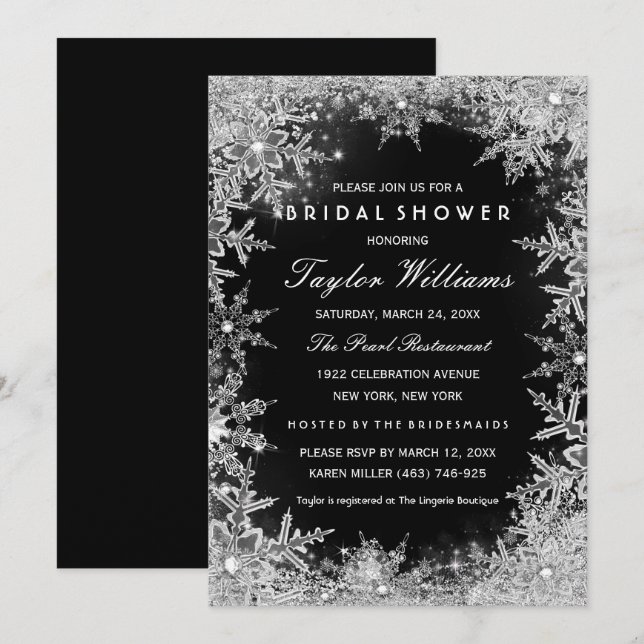Silver Black Jewel Snowflake Bridal Shower Invitation (Front/Back)