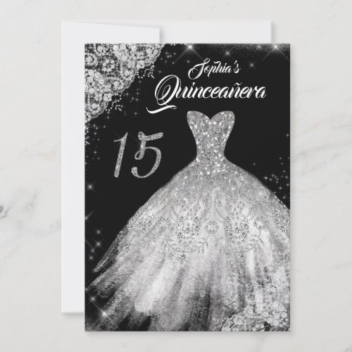 Silver Black Lace Diamond Sparkle Gown Quinceanera Invitation