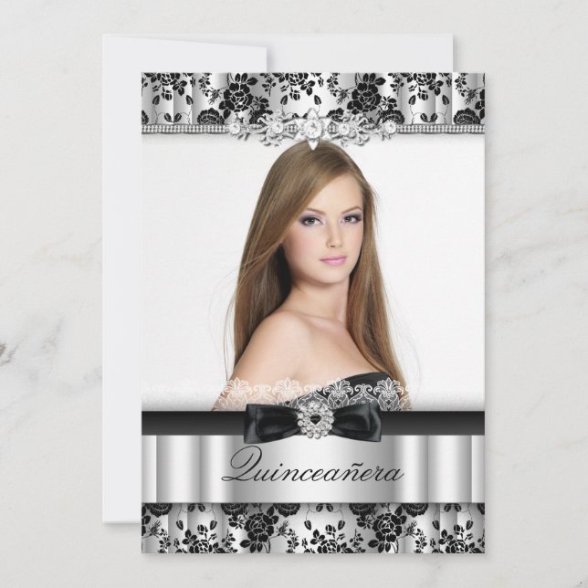 Silver & Black Lace Photo Quinceanera Invitation (Front)