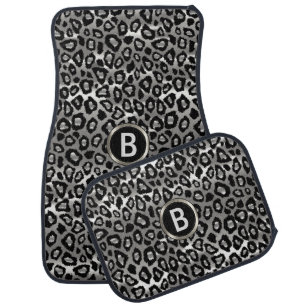 Silver & Black Leopard Animal Pattern Monogram Car Mat
