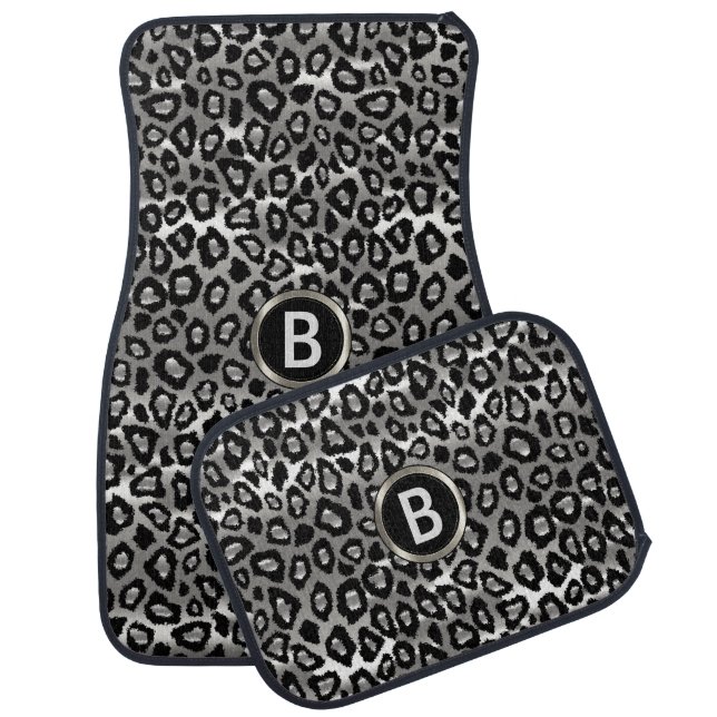 Silver & Black Leopard Animal Pattern | Monogram Car Mat (Set)