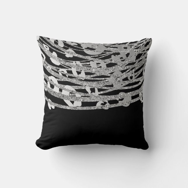 Silver & Black Leopard Cheetah Print Pattern Glam Throw Pillow (Front)
