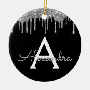 Silver Black Luxury Glitter Glam Monogram Name Ceramic Ornament