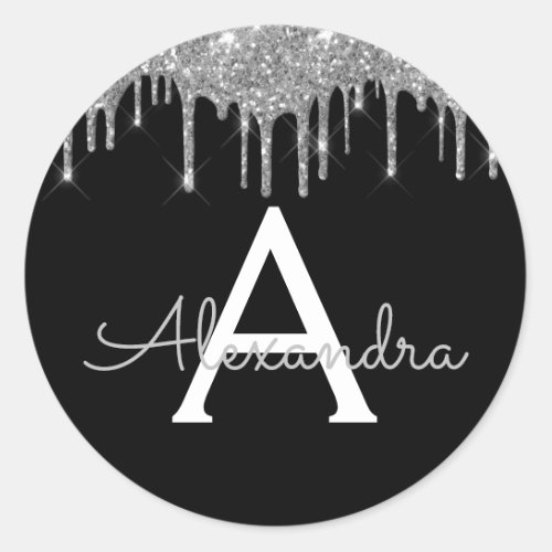 Silver Black Luxury Glitter Glam Monogram Name Classic Round Sticker