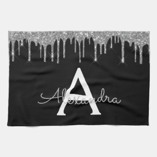 Silver Black Luxury Glitter Glam Monogram Name Kitchen Towel