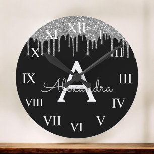 Silver Black Luxury Glitter Glam Monogram Name Large Clock