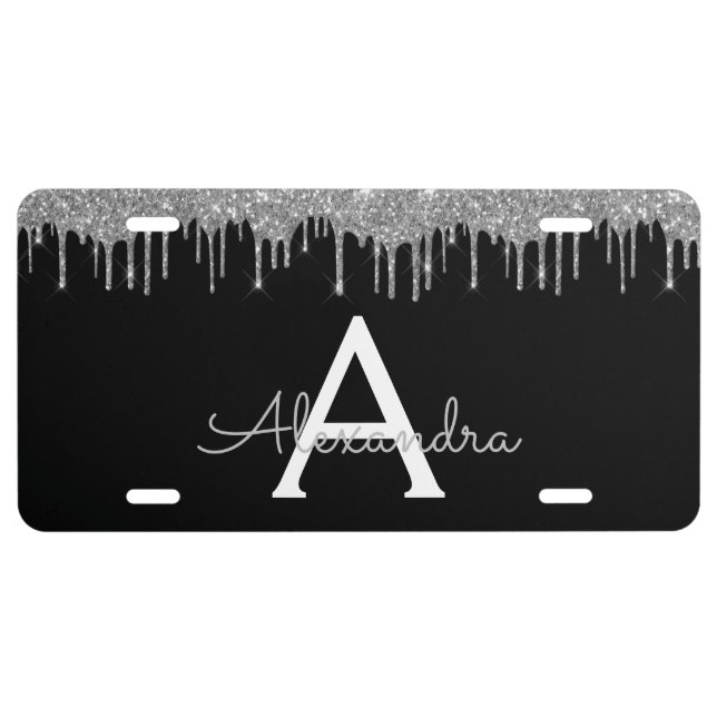 Silver Black Luxury Glitter Glam Monogram Name License Plate (Front)