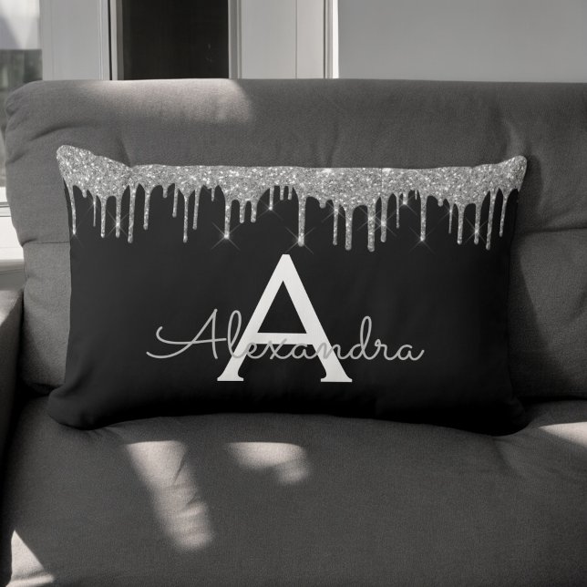 Silver Black Luxury Glitter Glam Monogram Name Lumbar Pillow (Creator Uploaded)