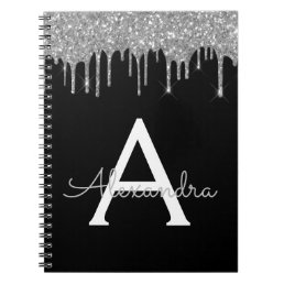 Silver Black Luxury Glitter Glam Monogram Name Notebook