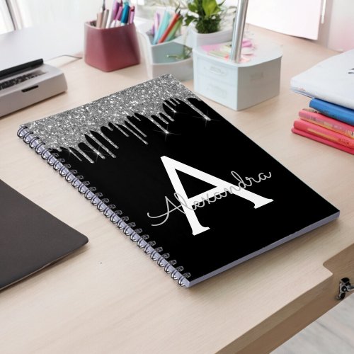 Silver Black Luxury Glitter Glam Monogram Name Notebook