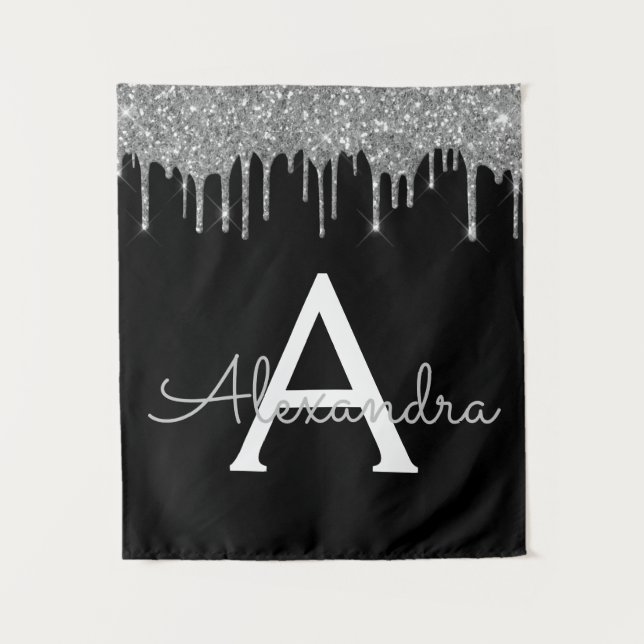 Silver Black Luxury Glitter Glam Monogram Name Tapestry (Front)
