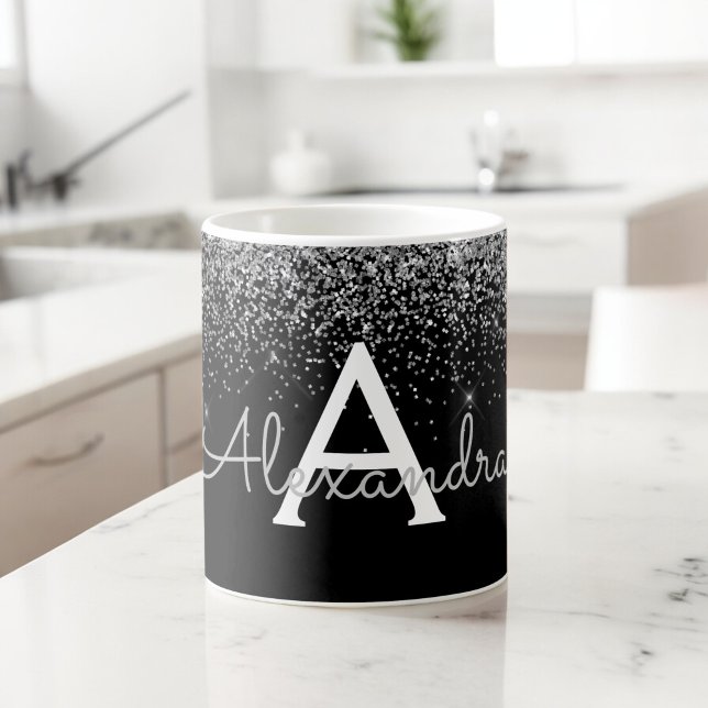 Silver Black Luxury Glitter Monogram Name Coffee Mug (Creator Uploaded)