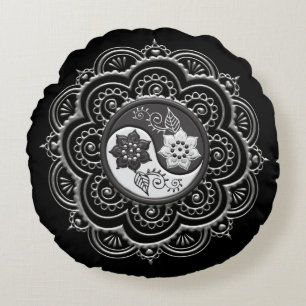 Silver & Black Mandala Round Pillow