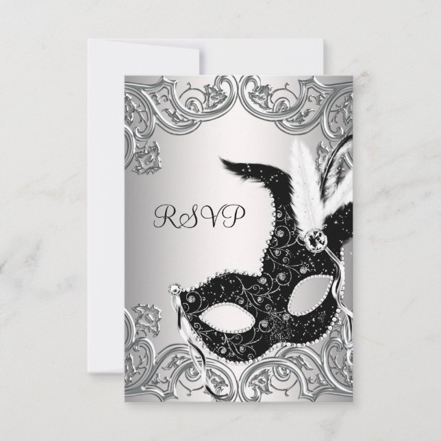 Silver Black Mask Masquerade Party RSVP (Front)