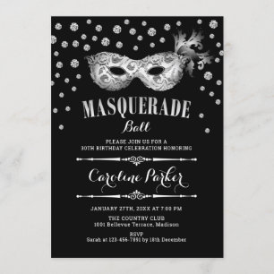 Silver Black Masquerade Ball Birthday Party Invitation