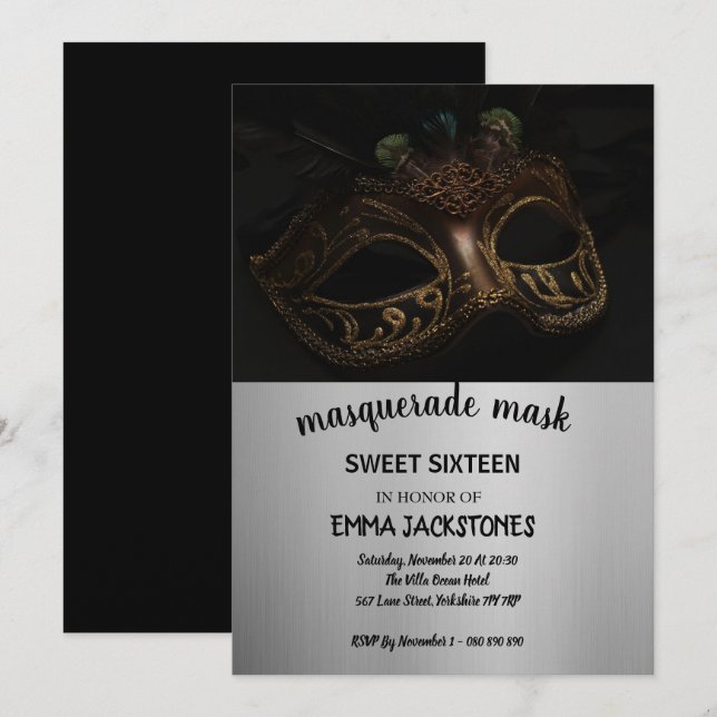 Silver Black Masquerade Mask Sweet 16 15 Birthday  Invitation (Front/Back)