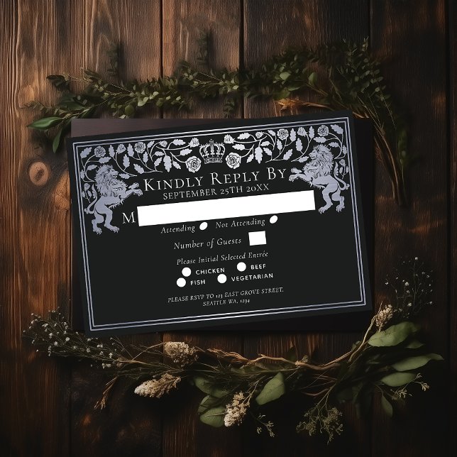 Silver Black Medieval Lion Wedding RSVP  Enclosure Card (Creator Uploaded)