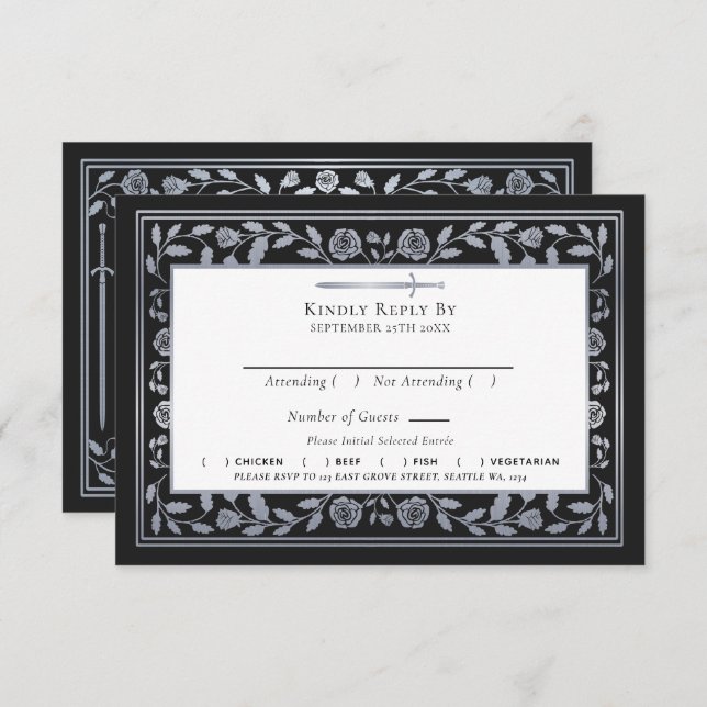 Silver Black Medieval Sword Wedding RSVP QR Code Enclosure Card (Front/Back)