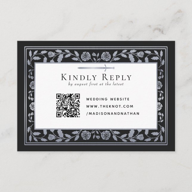 Silver Black Medieval Sword Wedding RSVP QR Code Enclosure Card (Front)