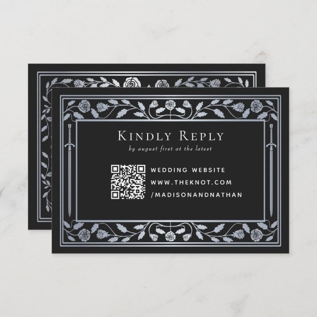 Silver Black Medieval Sword Wedding RSVP QR Code Enclosure Card (Front/Back)