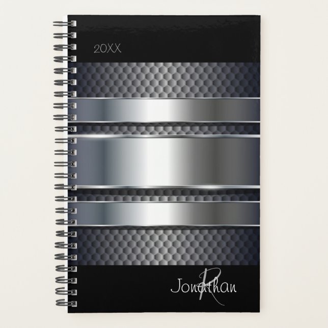 Silver Black Metal Industrial Monogram Planner (Front)