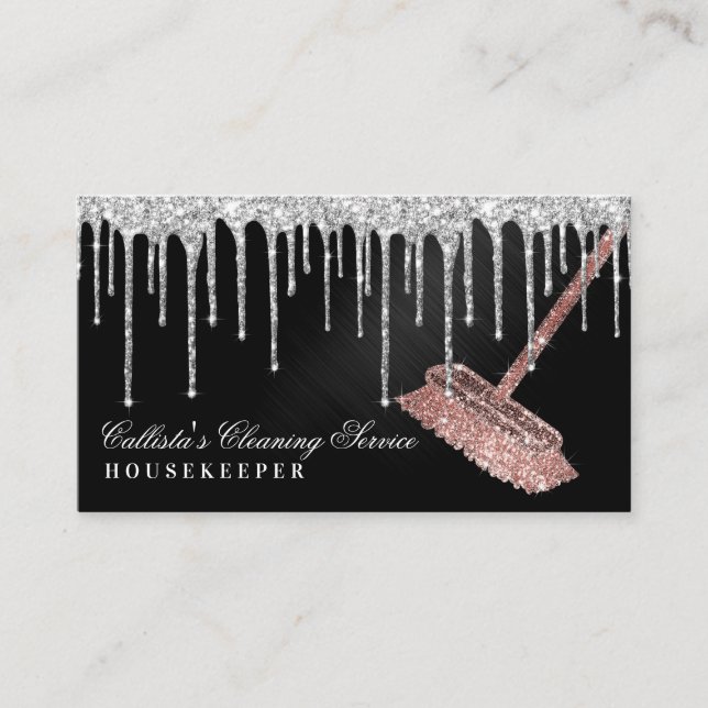 Silver Black Metallic Glitter Drips Cleaning Business Card (Front)
