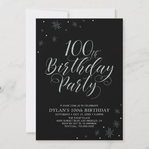 Silver  Black  Modern 100th Photo Birthday Party Invitation