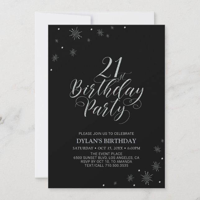 Silver & Black | Modern Chic 21st Birthday Party Invitation (Front)