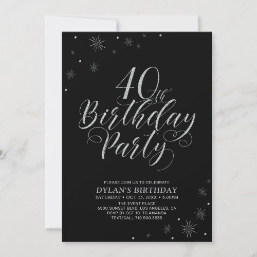 Silver  Black  Modern Chic 40th Birthday Party Invitation