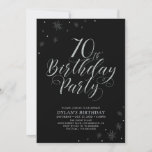 Silver & Black | Modern Chic 70th Birthday Party Invitation<br><div class="desc">Let's celebrate your 70th birthday with this stylish party invitation. This design features chic silver typography on front and silver sparkle graphics with a photo on a backside. Replace the sample photo with yours or delete it if you don't want it. The background color is set to black, but feel...</div>