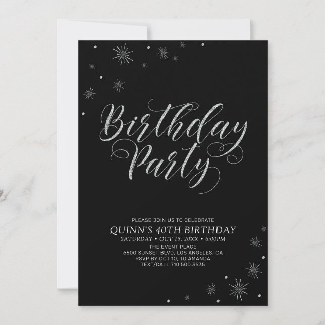 Silver & Black Modern Photo Adult Birthday Party Invitation (Front)